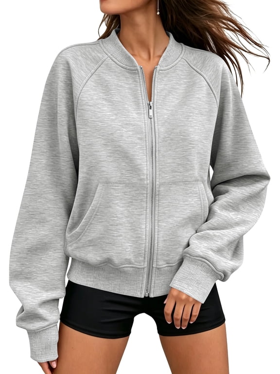 Jackets for Women Fleece Zip Up Jacket Womens Casual Bomber Fall Jacket Long Sleeve Gray Sweatshirts with Pockets M