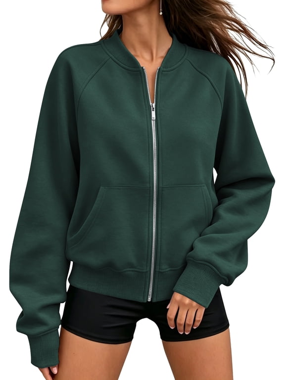 Jackets for Women Fleece Zip Up Jacket Womens Casual Bomber Fall Jacket Long SleeveSweatshirts with Pockets XXL