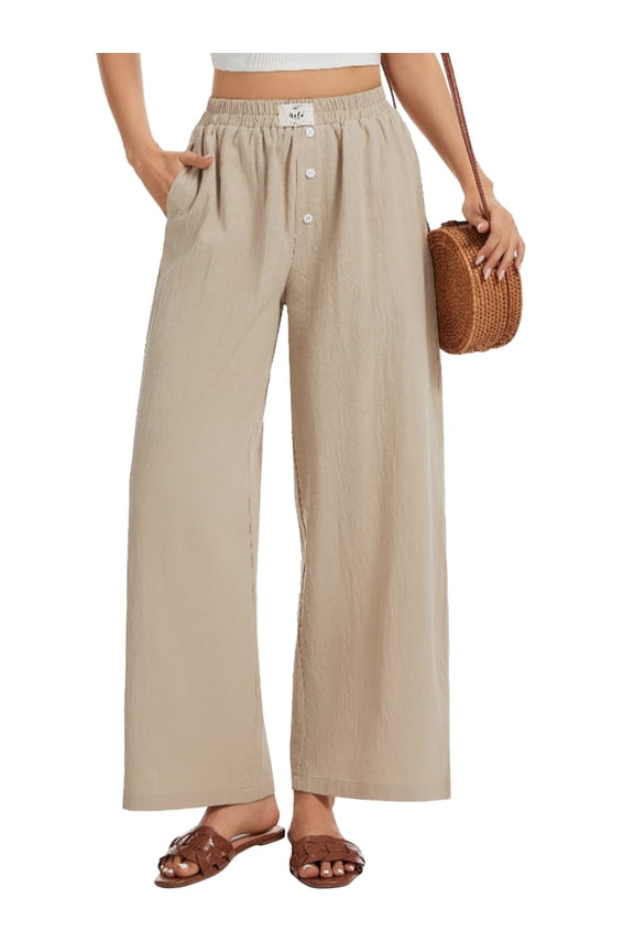 Linen Pants Women Wide Leg Casual Palazzo Pant Summer Baggy Flowy Khaki Vacation Pants with Pockets L