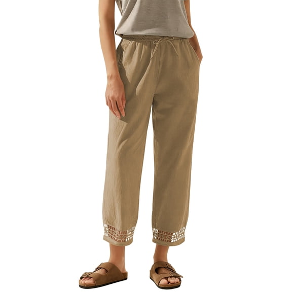 TEMOFON Linen Pants for Women Capri Summer Lounge Tapered Leg with Pockets Elastic Waistband Comfy Lace Trim Cotton Brown Clothes XL