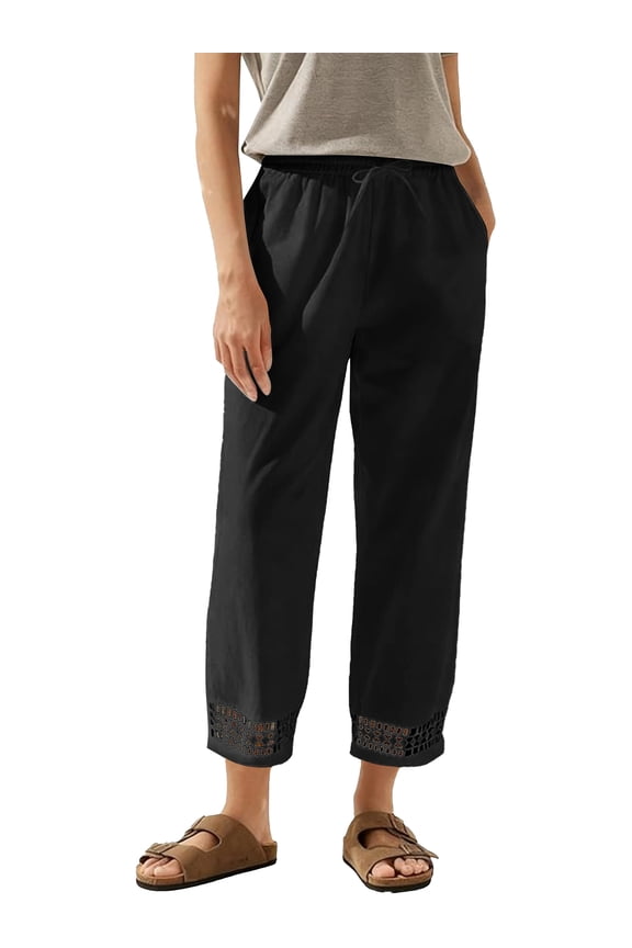 Linen Pants for Women Capris Summer Cropped Tapered Leg with Pockets Elastic Waistband Chinos Eyelet Ankle Hem Cotton Black 2XL