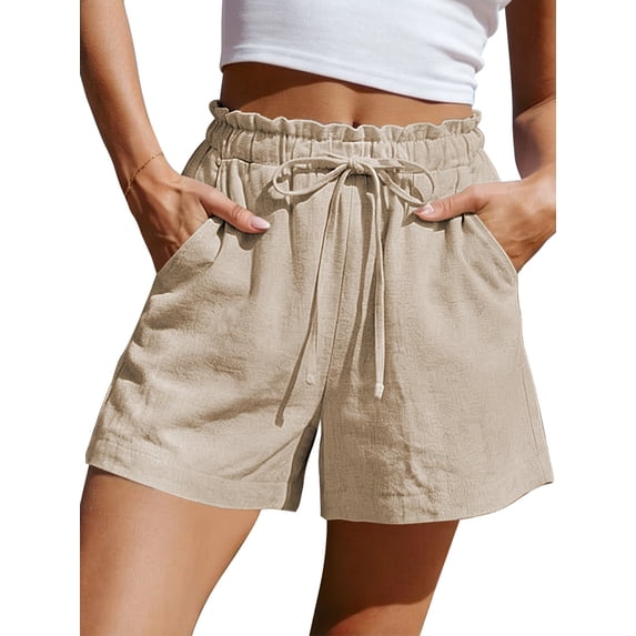 TEMOFON Linen Shorts for Women Summer Ruffle Waist Drawstring Pants with Pockets Casual Vacation Beach Flowy Shorts L