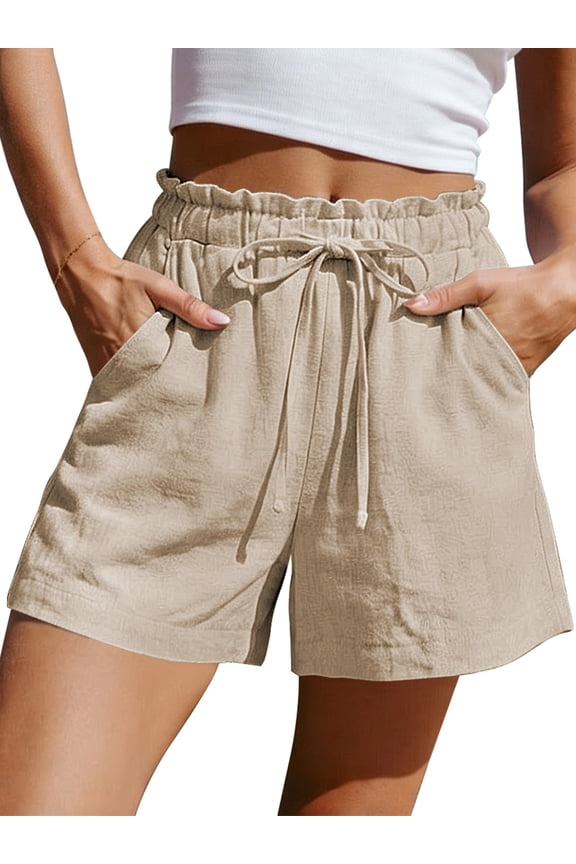 Linen Shorts for Women&nbsp;Summer Ruffle Waist Drawstring Pants with Pockets Casual Vacation Beach Flowy Shorts S