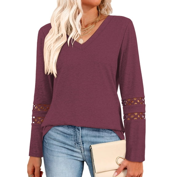 TEMOFON Long Sleeve Shirts for Women Blouses Casual Long Sleeve V Neck Fall Shirts Tunic Tops Womens Clothes Sweatshirts Pullover Lace Sleeve T Shirts