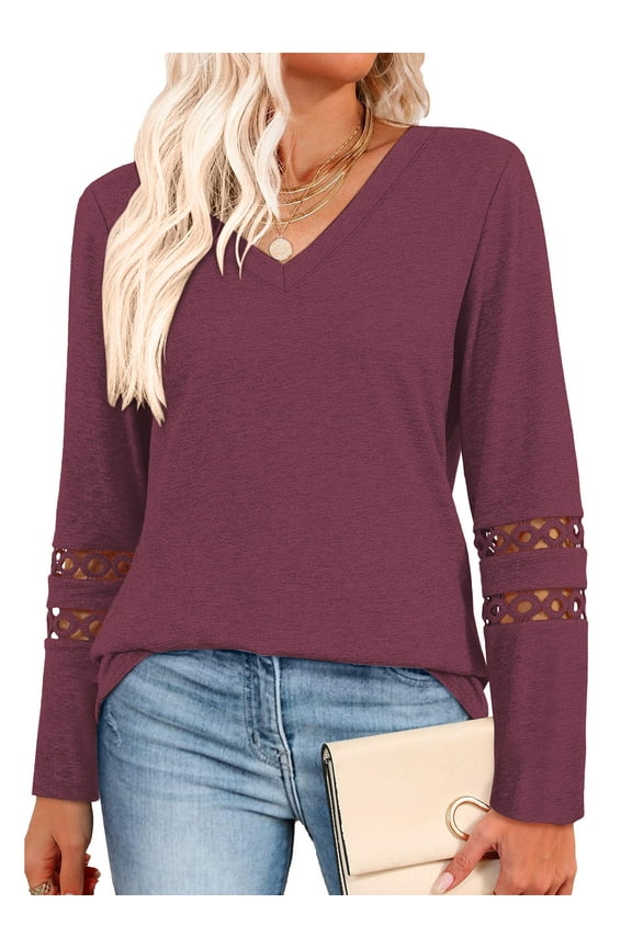 Long Sleeve Shirts for Women Blouses Casual Long Sleeve V Neck Fall Shirts Tunic Tops Womens Clothes Sweatshirts Pullover Lace Sleeve T Shirts