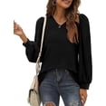 thumbnail image 1 of TEMOFON Long Sleeve Shirts for Women Fall Tops V Neck Blouses Casual Lightweight Pullover Sweatshirts for Women Tunic Tops Dressy Puff Sleeve Solid Color Black Size XL, 1 of 1