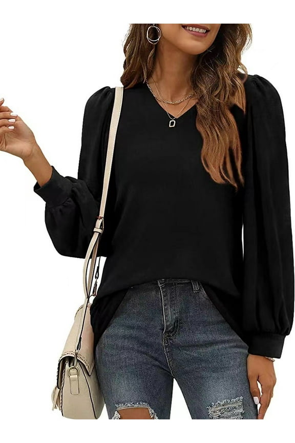 Long Sleeve Shirts for Women Fall Tops V Neck Blouses Casual Lightweight Pullover Sweatshirts for Women Tunic Tops Dressy Puff Sleeve Solid Color Black Size XL