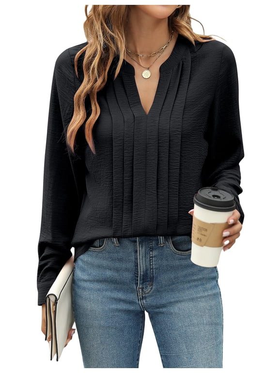 Long Sleeve Shirts for Womens Blouses Business Work Shirts Dressy Casual Loose Tops Womens Clothes V Neck Pleated Lightweight Fall Tunic Tops