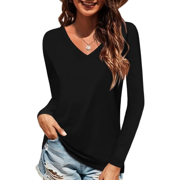 TEMOFON Long Sleeve Shirts for Women Casual Work Tops V Neck Blouses Loose Fit Clothes Trendy Fall Tunic Tops