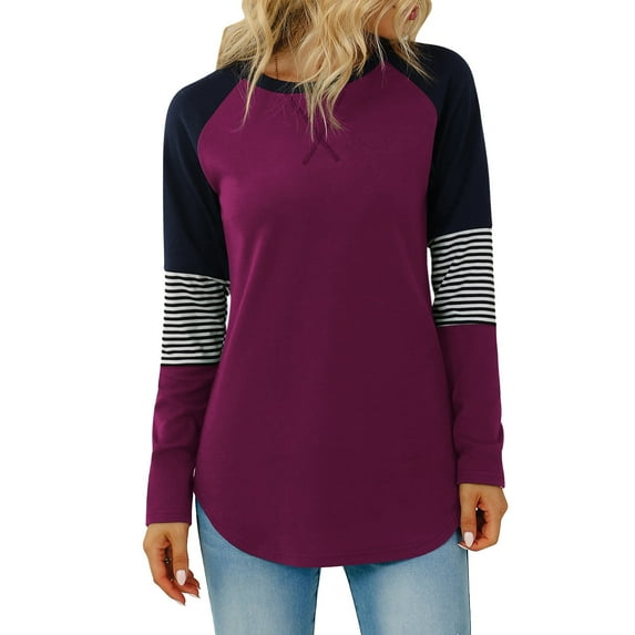 TEMOFON Long Sleeve Shirts for Women Color Block Crewneck Sweatshirts Loose Tunic Tops Winter Casual Striped T Shirts