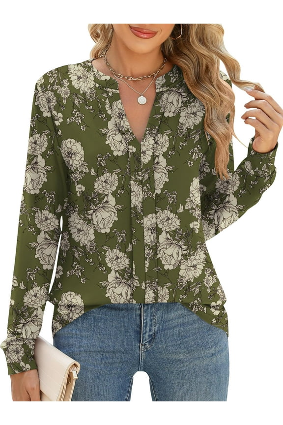 Long Sleeve Shirts for Women Dressy Casual Business Split V Neck Pleated Blouses Loose Fit Fall Womens Tops L