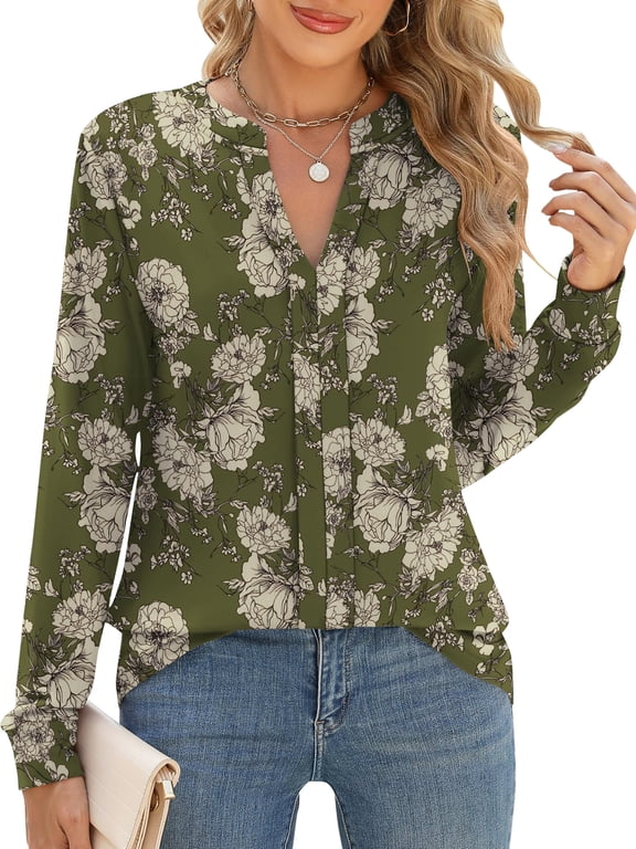 Long Sleeve Shirts for Women Dressy Casual Business Split V Neck Pleated Blouses Loose Fit Fall Womens Tops L