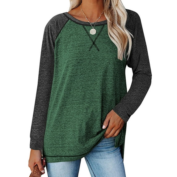 TEMOFON Long Sleeve Shirts for Women Fall Loose Tunic Tops Casual Crewneck Color Block Sweatshirts Raglan Blouses Green Block Tee