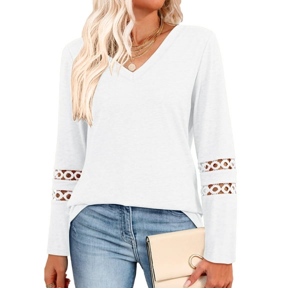 TEMOFON Long Sleeve Shirts for Women Fall Tops Dressy Casual Blouses V Neck Tunic Tops Womens Clothes Lace Sleeve Sweatshirts Pullover T Shirts