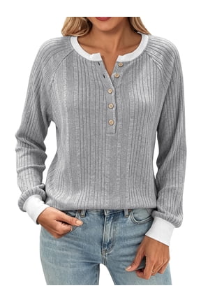 Long Sleeve Shirts for Women Fall Womens Tops with Button Crew Neck Lightweight Sweater for Women