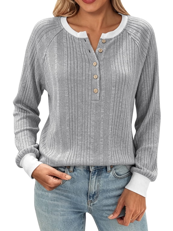 Long Sleeve Shirts for Women Fall Womens Tops with Button Crew Neck Lightweight Sweater for Women