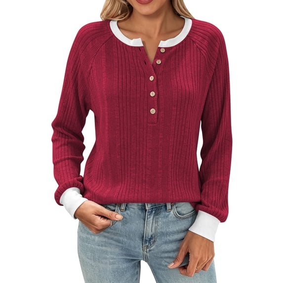 TEMOFON Long Sleeve Shirts for Women Fall Womens Tops with Button Crew Neck Lightweight Sweater for Women