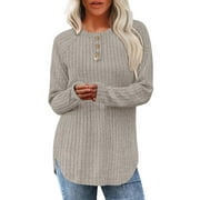 TEMOFON Long Sleeve Shirts for Women Loose Fit Dressy Casual Button Sweater Crew Neck Pullover Basic Sweaters for Women 2025