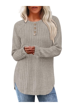 Long Sleeve Shirts for Women Loose Fit Dressy Casual Button Sweater Crew Neck Pullover Basic Sweaters for Women