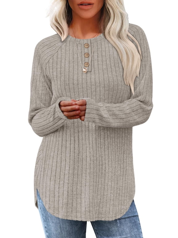 Long Sleeve Shirts for Women Loose Fit Dressy Casual Button Sweater Crew Neck Pullover Basic Sweaters for Women