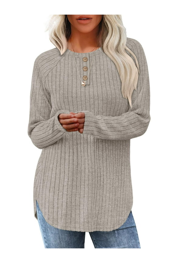 Long Sleeve Shirts for Women Loose Fit Dressy Casual Button Sweater Crew Neck Pullover Basic Sweaters for Women 2025