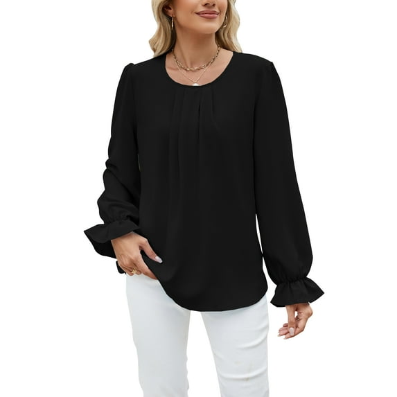 TEMOFON Long Sleeve Shirts for Women Puff Sleeve Round Neck T Shirts Trendy Pleated Chiffon Solid Color Tunic Tops Loose Fit Blouses for Women