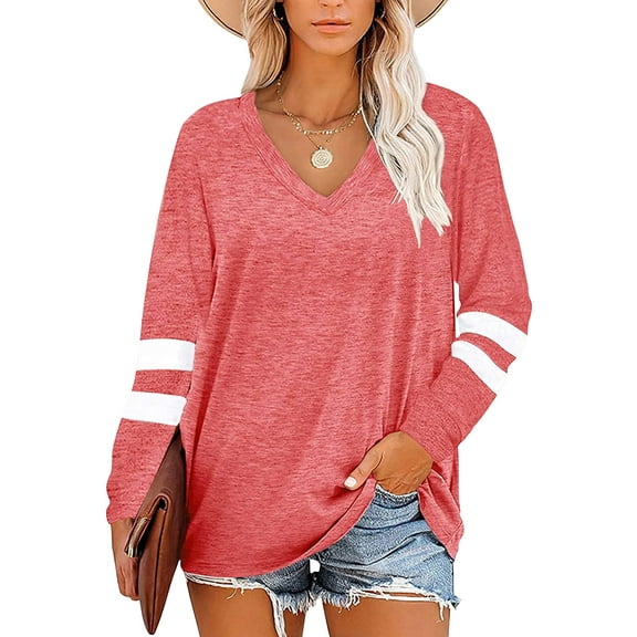 TEMOFON Long Sleeve Shirts for Women Tops Fall Clothes V Neck Sweatshirts Color Block Tunic Tops Pullover Pink T Shirt Dressy Blouses Casual Tops