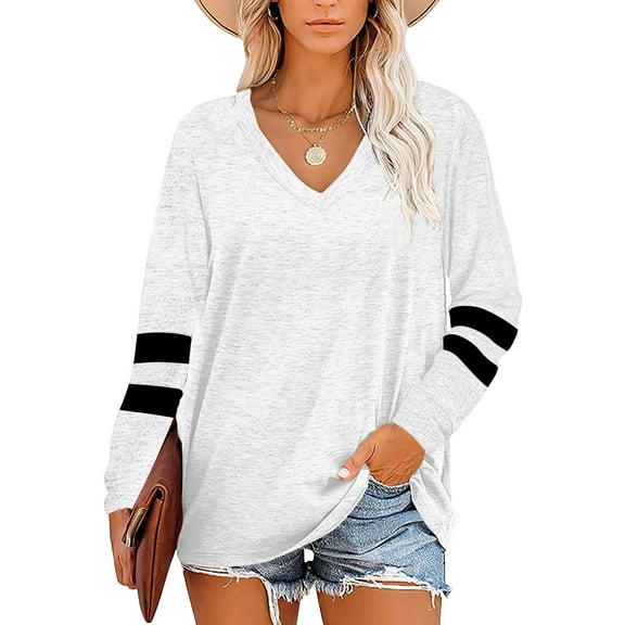 TEMOFON Long Sleeve Shirts for Women Tops Fall Clothes V Neck Sweatshirts Color Block Tunic Tops Pullover White T Shirt Dressy Blouses Casual Tops