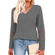 TEMOFON Long Sleeve Shirts for Women V Casual Tunic Tops Lightweight Pullover Lace Sleeve Fall Blouses Womens Clothes Sweatshirts T Shirts Tops