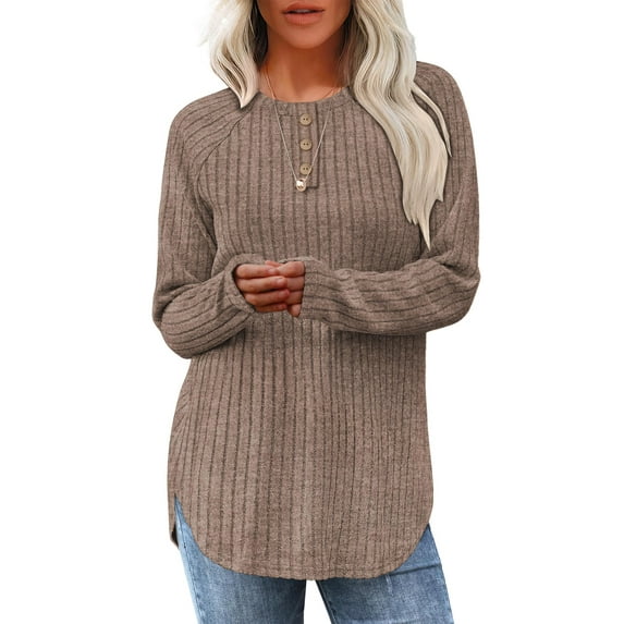 TEMOFON Long Sleeve Sweaters for Womens 2025 Long Sleeve Henley Shirt Fall Casual Crewneck Tunic Tops