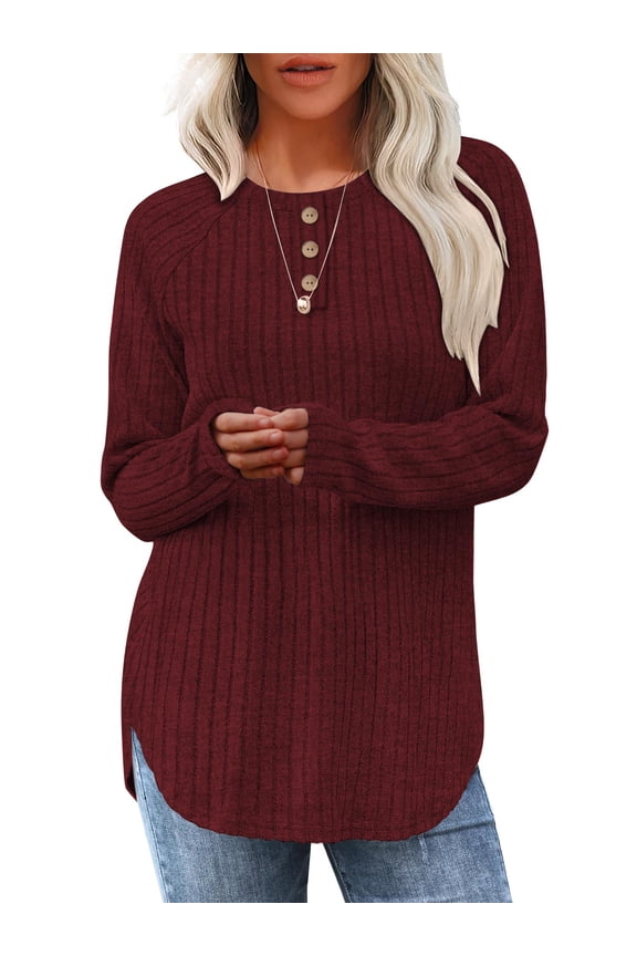 Long Sleeve Sweaters for Womens Long Sleeve Henley Shirt Fall Casual Crewneck Tunic Tops