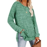 TEMOFON Long Sleeve T Shirt for Women Casual Loose Tunic Tops Fall Crewneck Sweatshirts Fashion Side Slit Solid Green Lady Tops