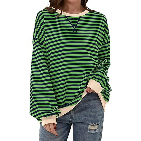 TEMOFON Long Sleeve T Shirts for Womens Oversized Sweatshirts Fall Striped Color Block Pullover Tops Loose Casual Tunic Tops Outfits Fashion Shirts Outfits Size L