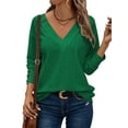 thumbnail image 1 of TEMOFON Long Sleeve Eyelet Tops for Women V Neck Solid Color Blouses Shirts Casual Lightweight Loose Fit Brightgreen Blouse, 1 of 8