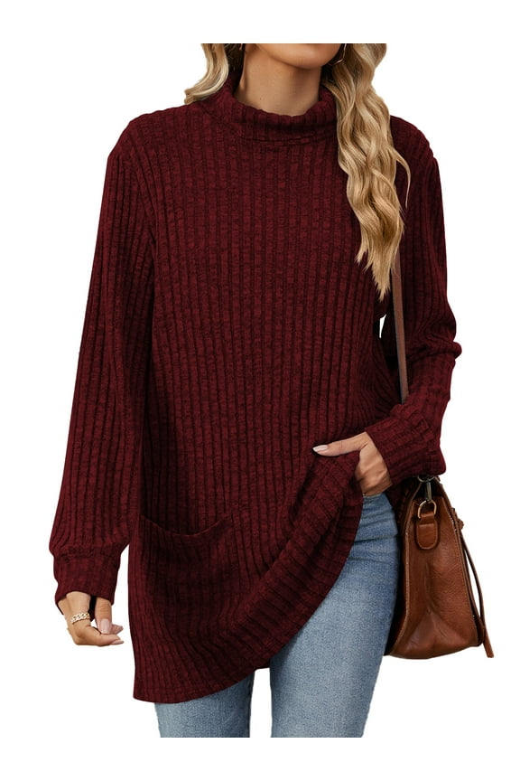 Long Sleeve Tops for Women Plus Size Casual Turtleneck Soft Sweaters Fall Loose Knit Tunic Tops Fall Pullover for Women Winter Clothes with Pocket