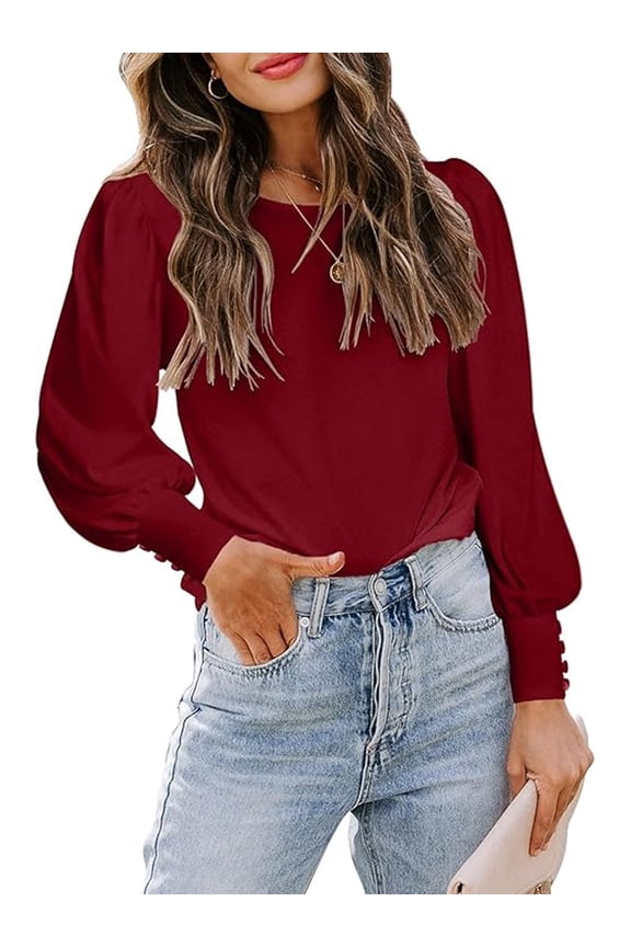 Womens Blouses Long Sleeve Tops Fall Casual Crew Neck Puff Sleeve Shirts for Women Loose Fit Sweatshirts Pullover Tunic Tops Solid Color Winered