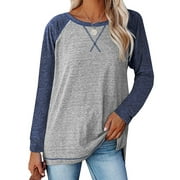 TEMOFON Long Sleeve Tops for Women Casual Crew Neck T Shirts Fall Color Block Tunic Tops Casual Gray Loose Shirts for Women