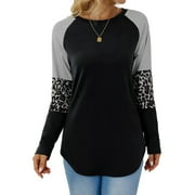 TEMOFON Long Sleeve Tops for Women Casual Fall T Shirts Crew Neck Loose Tunic Tops Color Block Stripe Leopard Print Sweatshirts Black