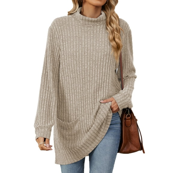 TEMOFON Long Sleeve Tops for Women Casual Turtleneck Pullover Fall Loose Tunic Thin Sweaters Knit Tops for Lady with Pocket