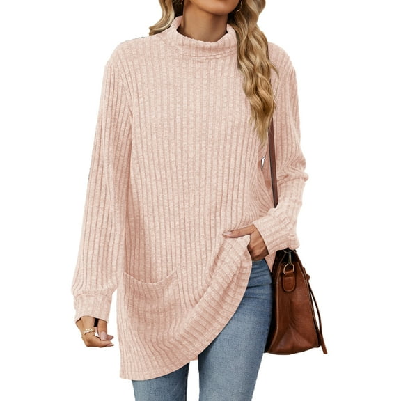 TEMOFON Long Sleeve Tops for Women Casual Turtleneck Pullover Fall Comfy Soft Sweaters Loose Tunic Knit T Shirts for Women with Pocket