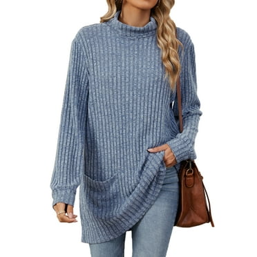 TEMOFON Long Sleeve Tops for Women Casual Turtleneck Soft Sweaters Fall Loose Knit Tunic Tops Fall Pullover Winter Clothes with Pocket