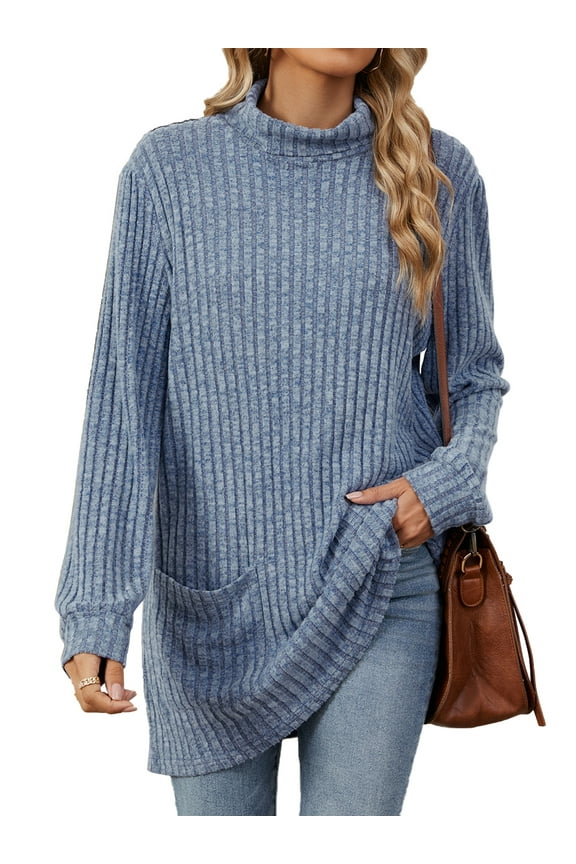Sweaters for Women Long Sleeve Tunic Tops Casual Fall Turtleneck Soft Sweaters With Pocket Loose Pullover Winter Clothes