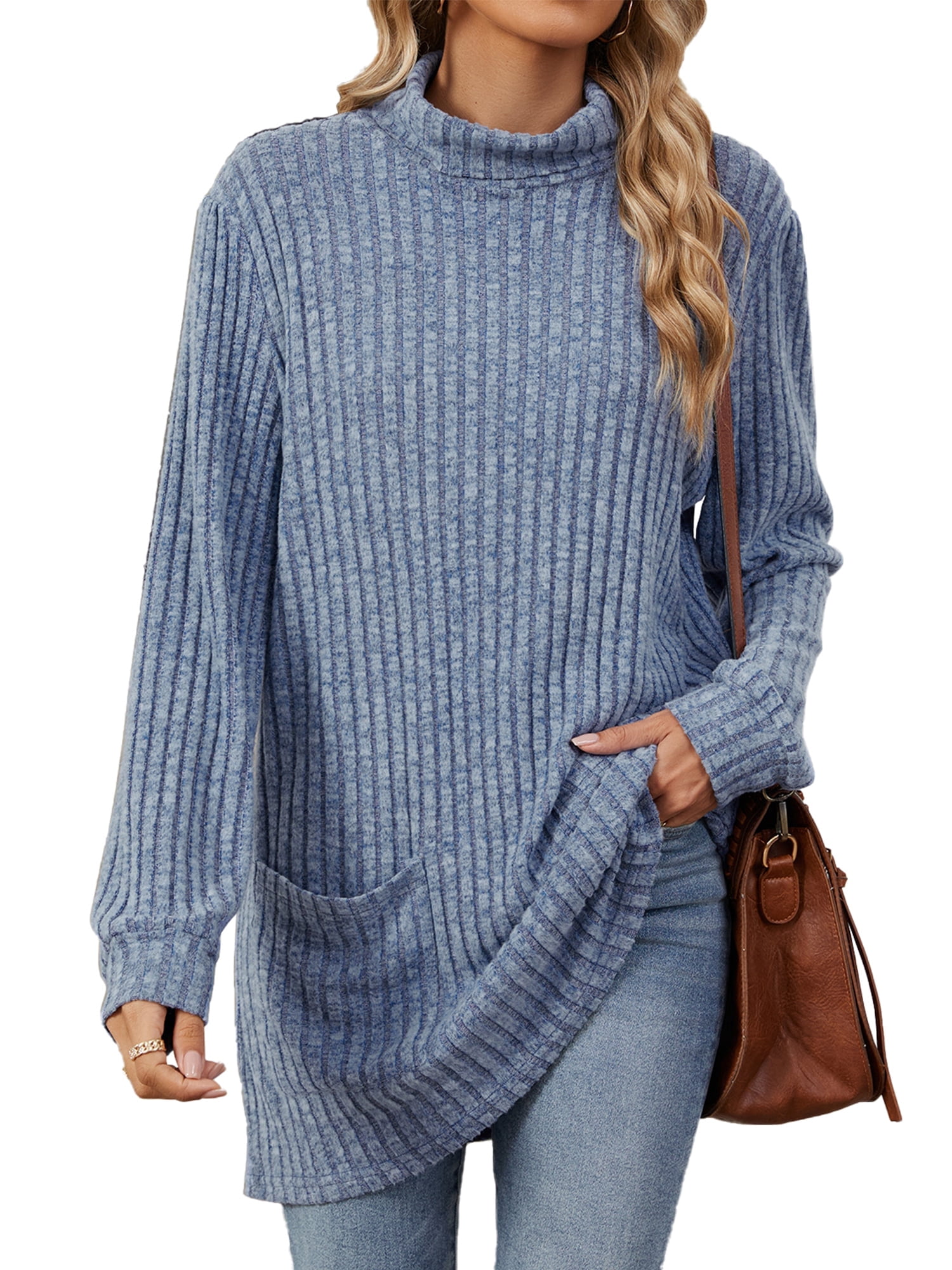 Sweaters for Women Long Sleeve Tunic Tops Casual Fall Turtleneck Soft Sweaters With Pocket Loose Pullover Winter Clothes