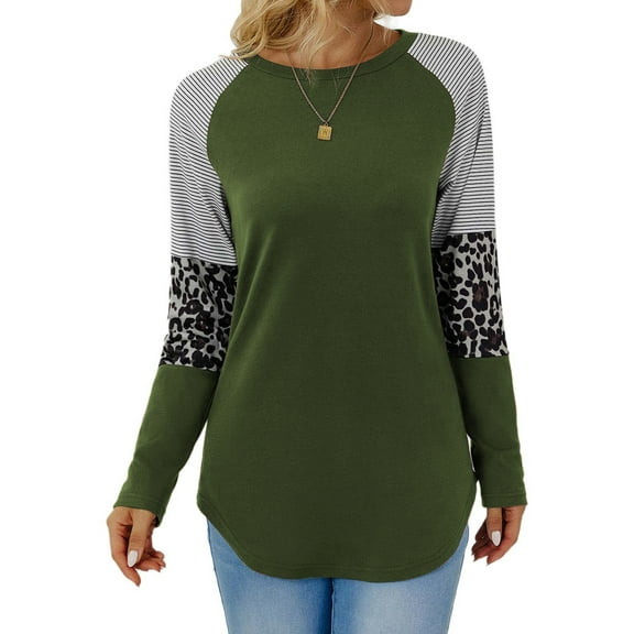 TEMOFON Long Sleeve Tops for Women Fall Fashion Leopard Color Block Blouses Comfy Stripe Crew Neck Sweatshirts Loose Tunic Tops