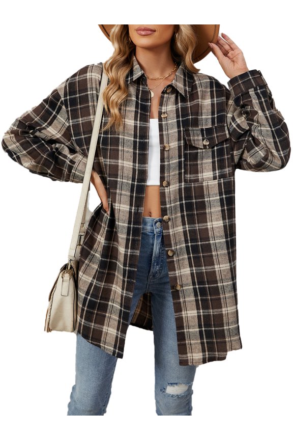 Long Sleeve Tops for Women Flannel Plaid Blouses Casual Long Sleeves Collared Button Down Shirts for Ladies with Pocket Size XL