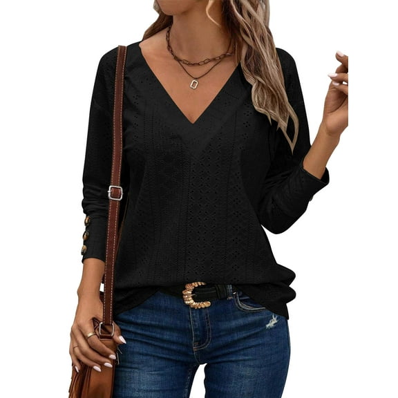 TEMOFON Womens Eyelet Long Sleeve Tops Dressy for Women V Neck Solid Color Blouses Shirts Casual Lightweight Loose Fit Eyelet Black Blouse