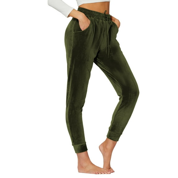 TEMOFON Lounge Jogger Pants for Women Velour Casual Comfy Sweatpants – Armygreen Tapered Cuffs Joggers XL