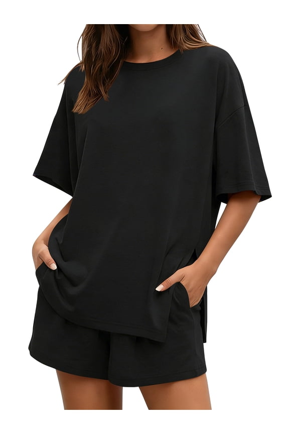 Lounge Sets for Women Summer Crew Neck Tshirts Drawstring Shorts with Pockets Oversized Comfy 2 Piece Outfits L