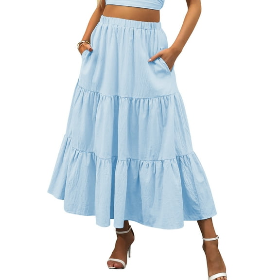 TEMOFON Midi Pleated Skirts for Women Elastic High Waist Maxi Skirt with Pockets Flowy Dresses A Line Summer Linen Clothes Blue M
