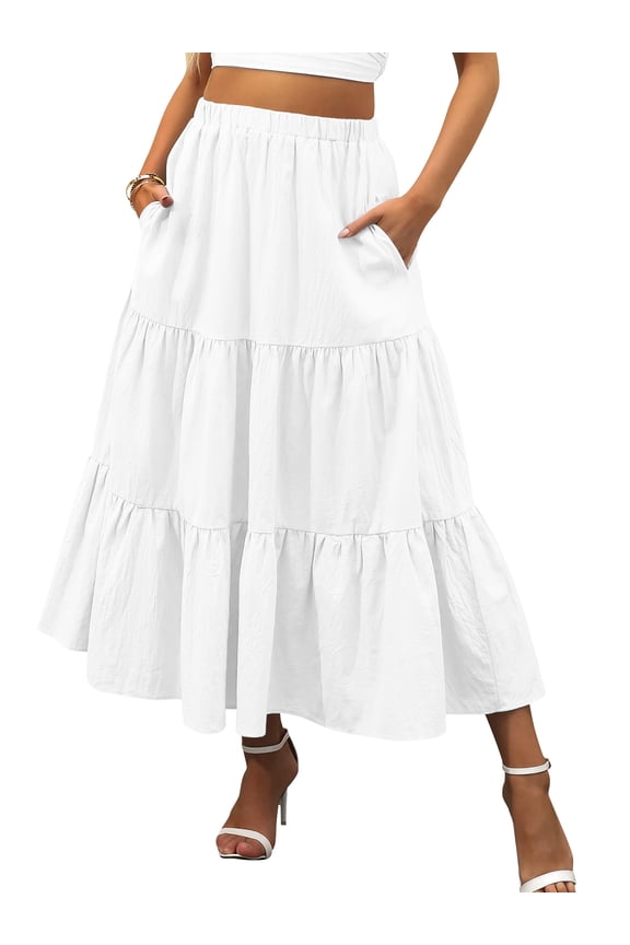 Midi Pleated Skirts for Women Elastic High Waist with Pockets Maxi A Line Linen Summer Clothes Trendy Flowy Dresses White L